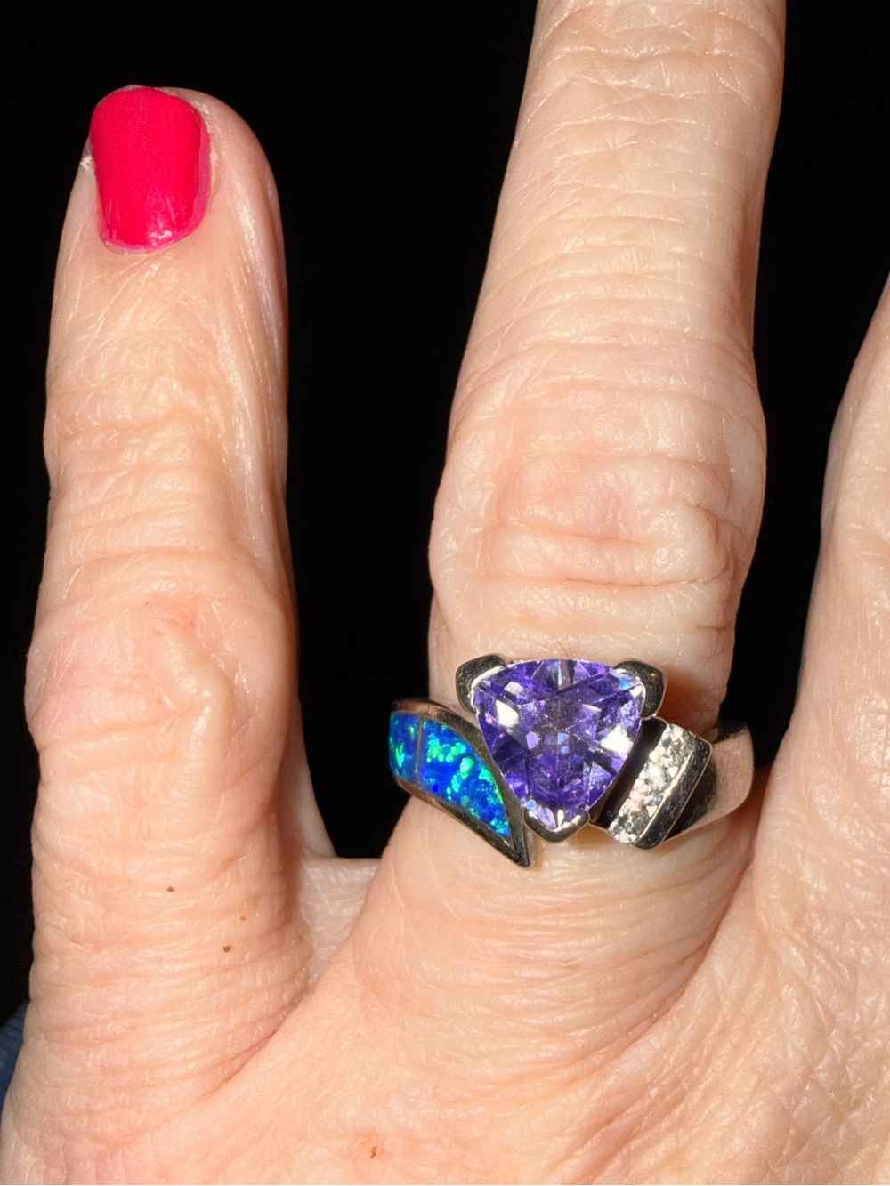 Vintage AK 925 Sterling Silver Amethyst, Opal Inlay & CZ Statement Ring - Picture 7 of 8